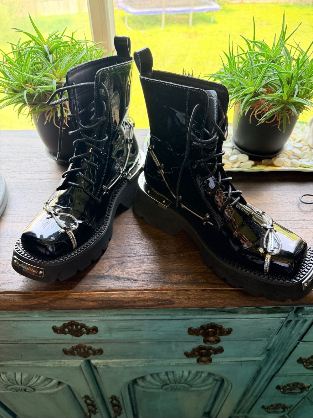 Black Patent Lace-Up Platform Frankenstein Combat Boots - Women - Picture 2 of 8